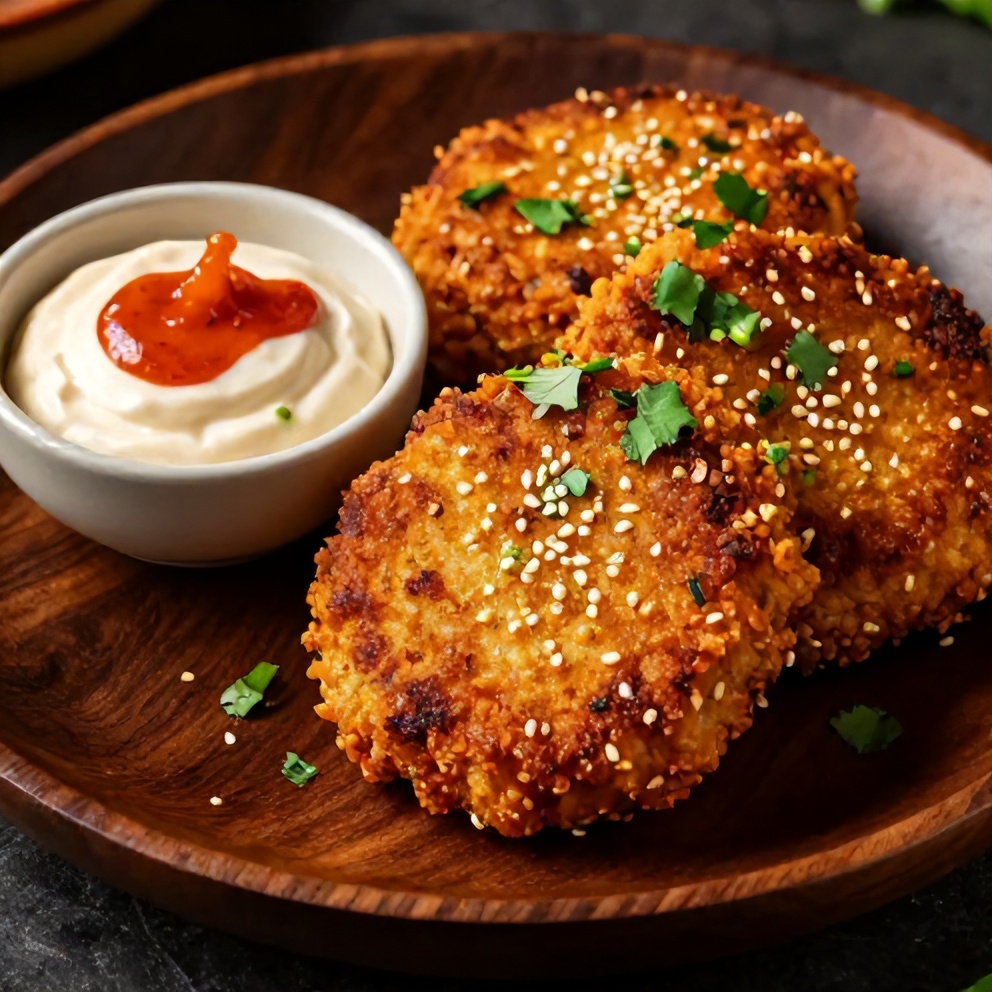 Crispy Asian Tuna Cakes with Spicy Sriracha Aioli on a plate