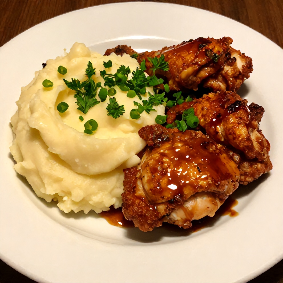 Plated Crispy Chipotle Honey Chicken Thighs with Gouda Mashed Potatoes