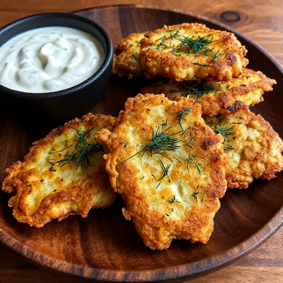 Plate of crispy dill pickle fritters with a side of ranch dressing