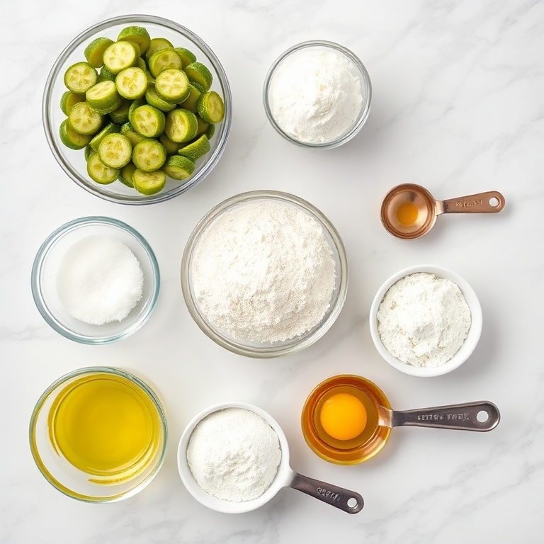 Raw ingredients for dill pickle fritters on a white marble surface