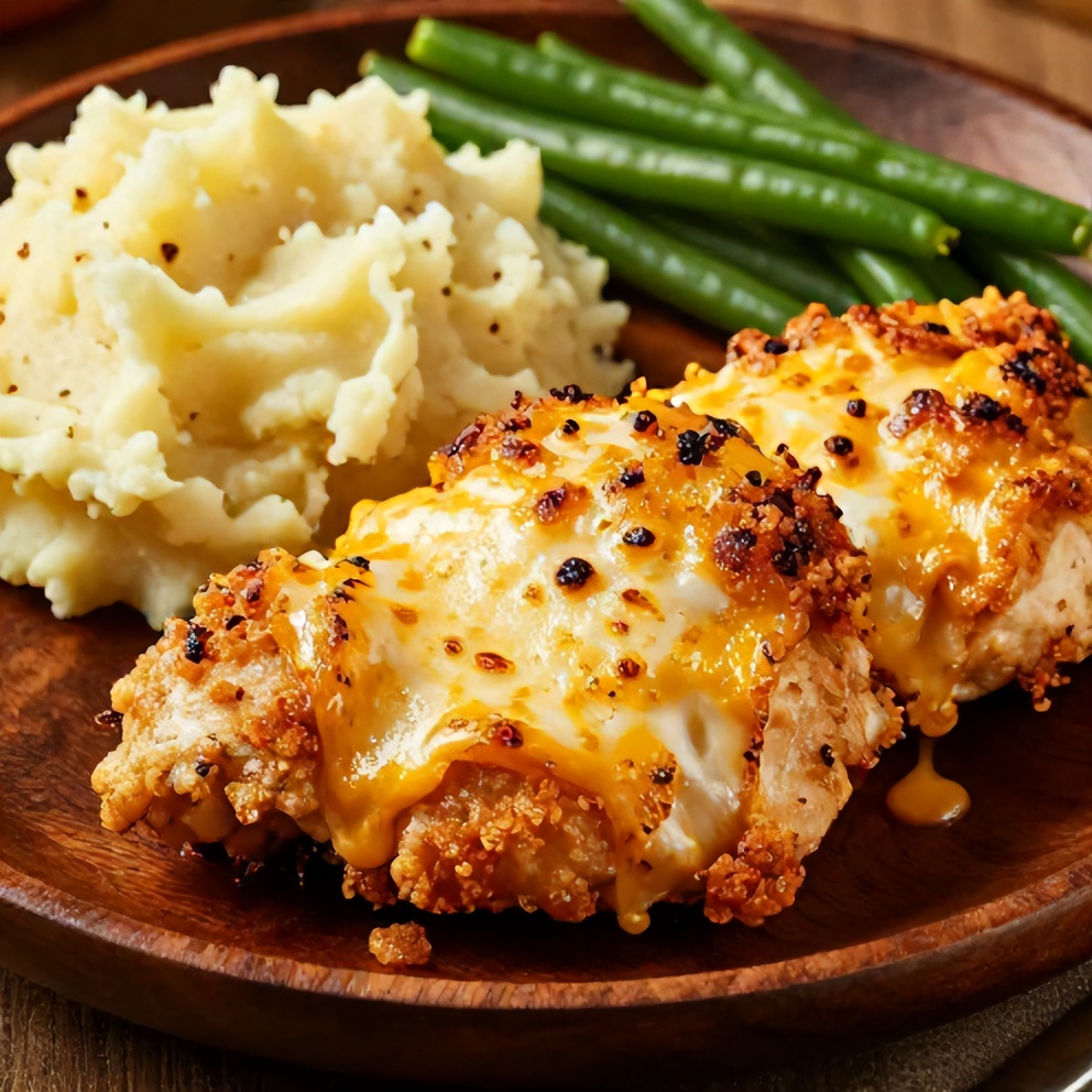 Crispy Dill Pickle Parmesan Chicken served on a plate with a side of mashed potatoes and green beans