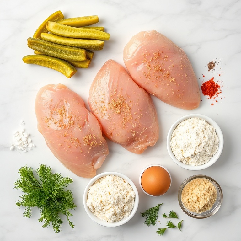 Raw ingredients for Crispy Dill Pickle Parmesan Chicken including chicken breasts, dill pickles, parmesan cheese, and seasonings laid out on a wooden surface