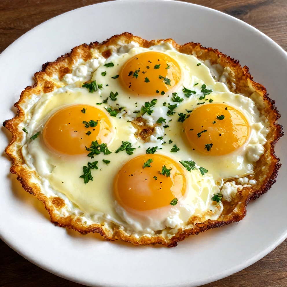 Plated crispy feta fried eggs