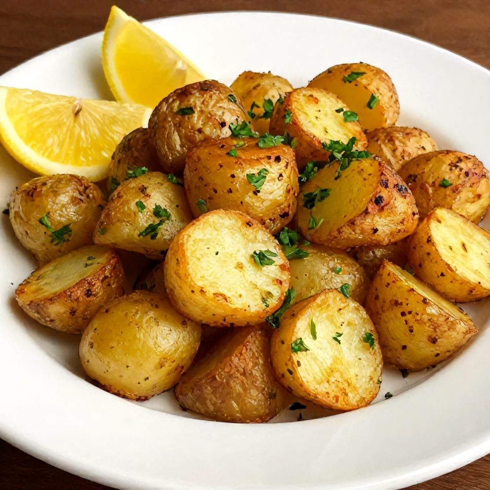 Crispy Greek Lemon Potatoes plated on a white dish