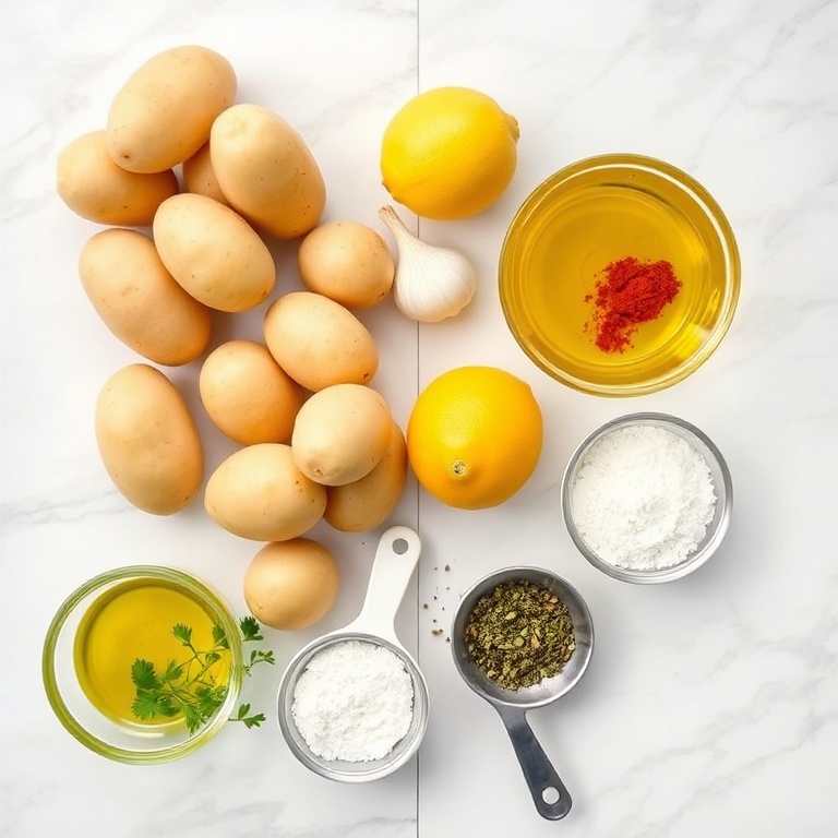 Raw ingredients for Greek Lemon Potatoes on a white marble surface