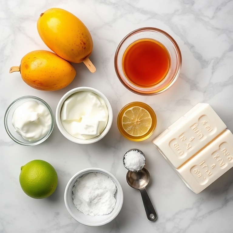 Raw ingredients for Mango Greek Yogurt Popsicles on a marble surface