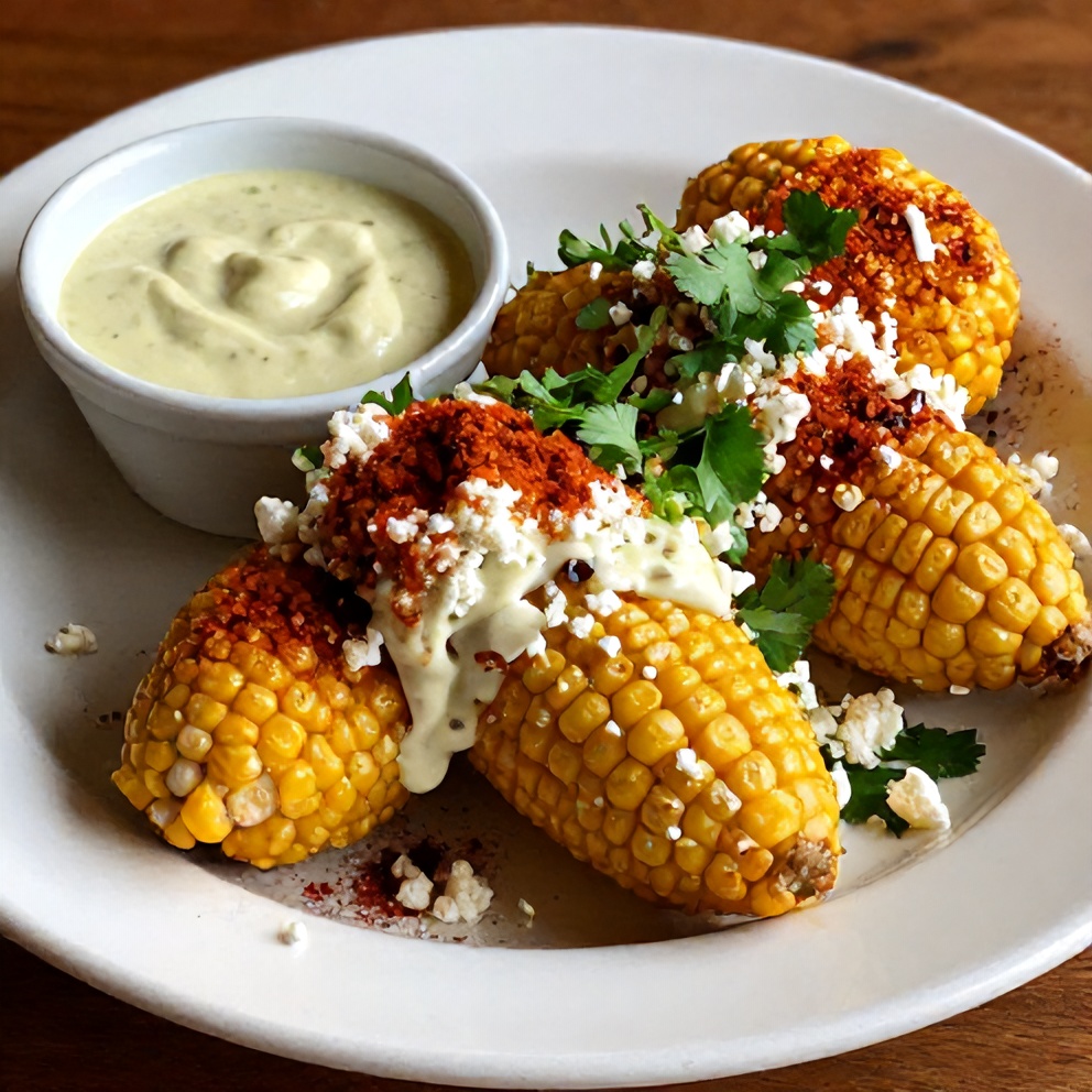 Plated Mexican street corn fritters with spicy lime sauce