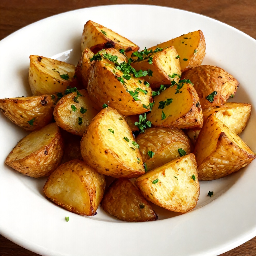 Crispy Ranch Potatoes garnished with fresh parsley on a white plate