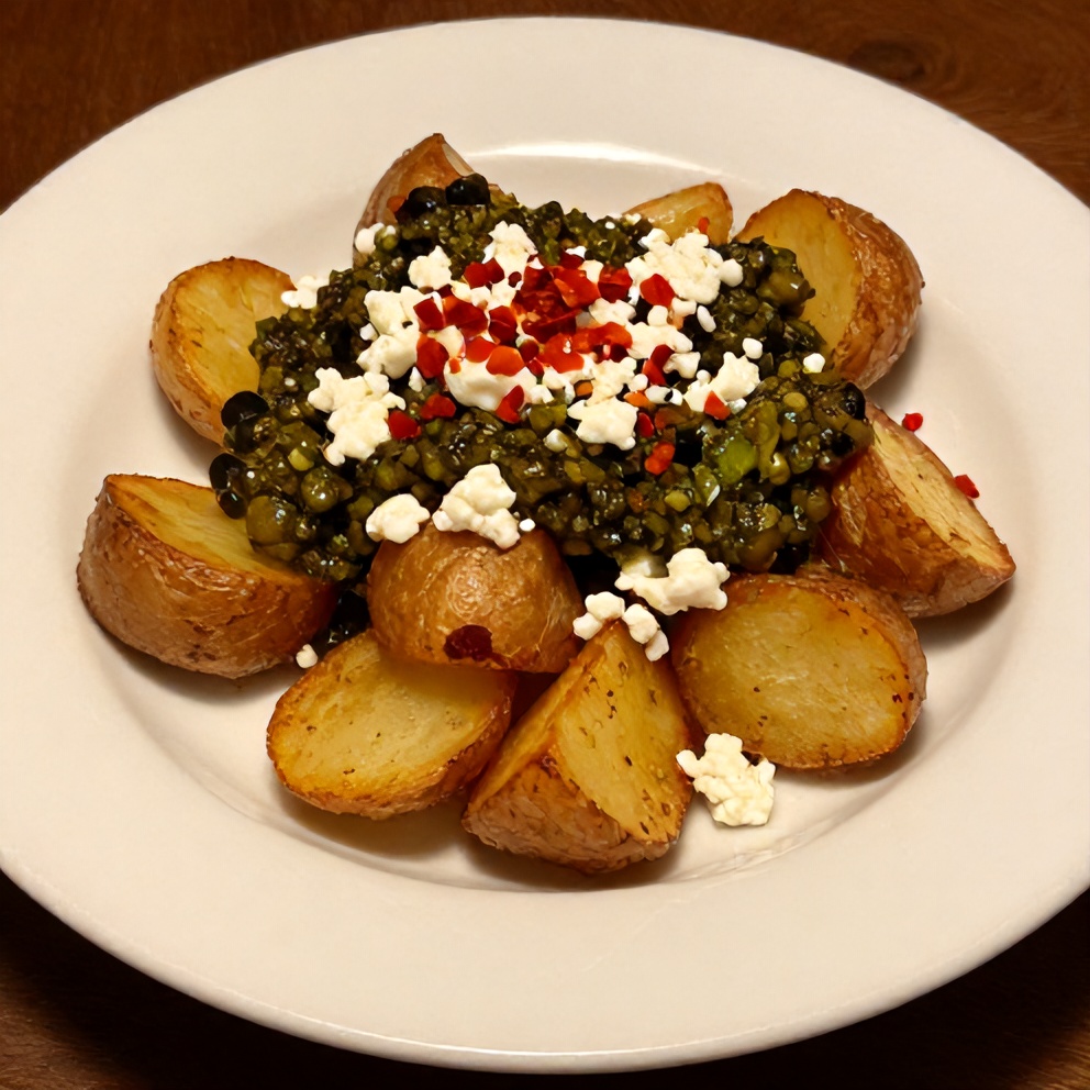 Plated crispy smashed potatoes with olive tapenade