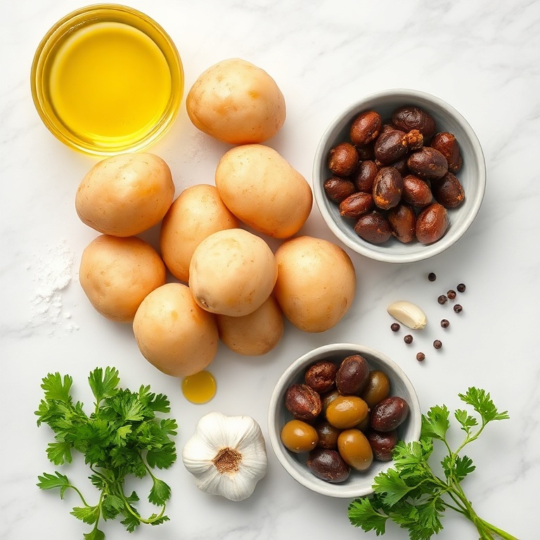 Raw ingredients for crispy smashed potatoes with olive tapenade