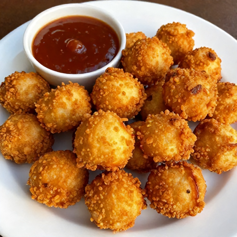 Plated Hushpuppies with a side of BBQ sauce