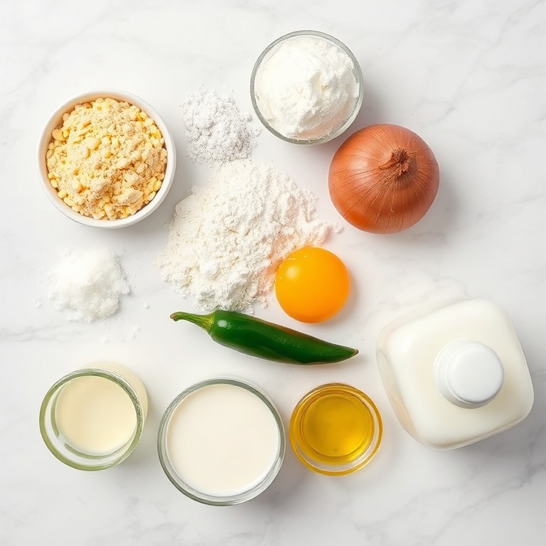 Raw ingredients for Hushpuppies: cornmeal, flour, baking powder, salt, onion, jalapeño, eggs, buttermilk, and hot oil