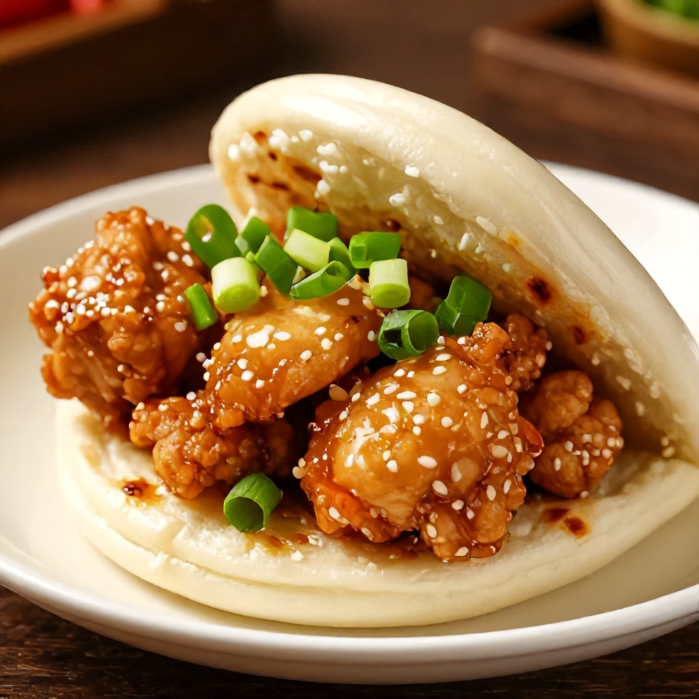 Crispy Sticky Chicken Bao Buns on a plate with green onions