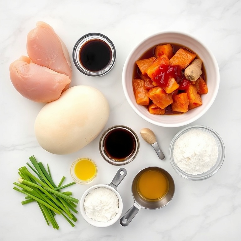 Raw ingredients for Crispy Sticky Chicken Bao Buns on a marble surface