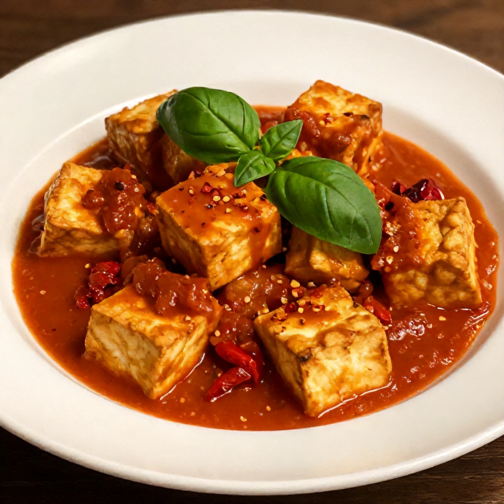 Crispy tofu in creamy sun-dried tomato sauce dinner plated
