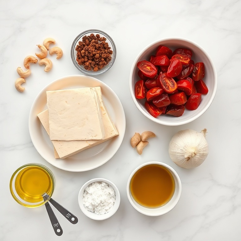 Raw ingredients for crispy tofu in creamy sun-dried tomato sauce