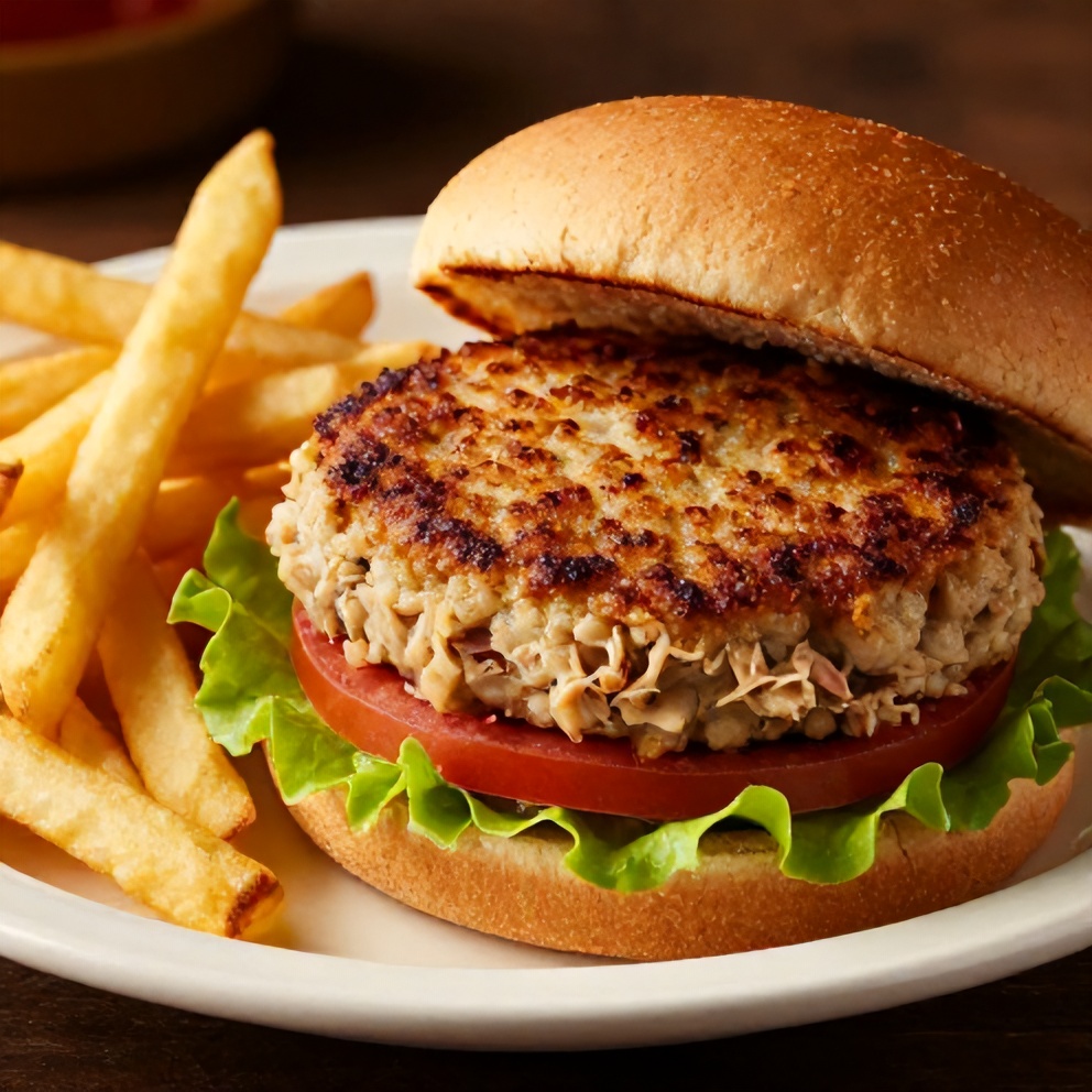 Crispy tuna patty on a bun with lettuce, tomato, and a side of fries