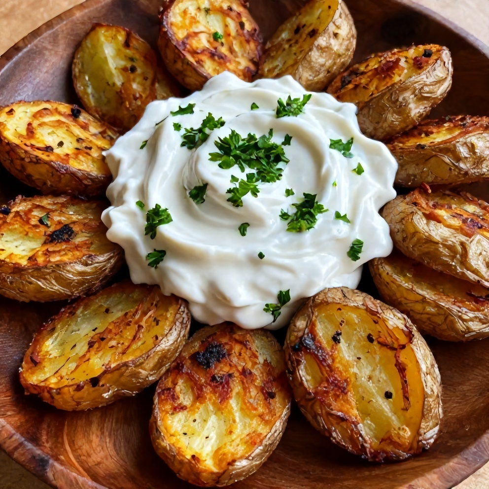 Plated za’atar smashed potatoes with tahini yogurt
