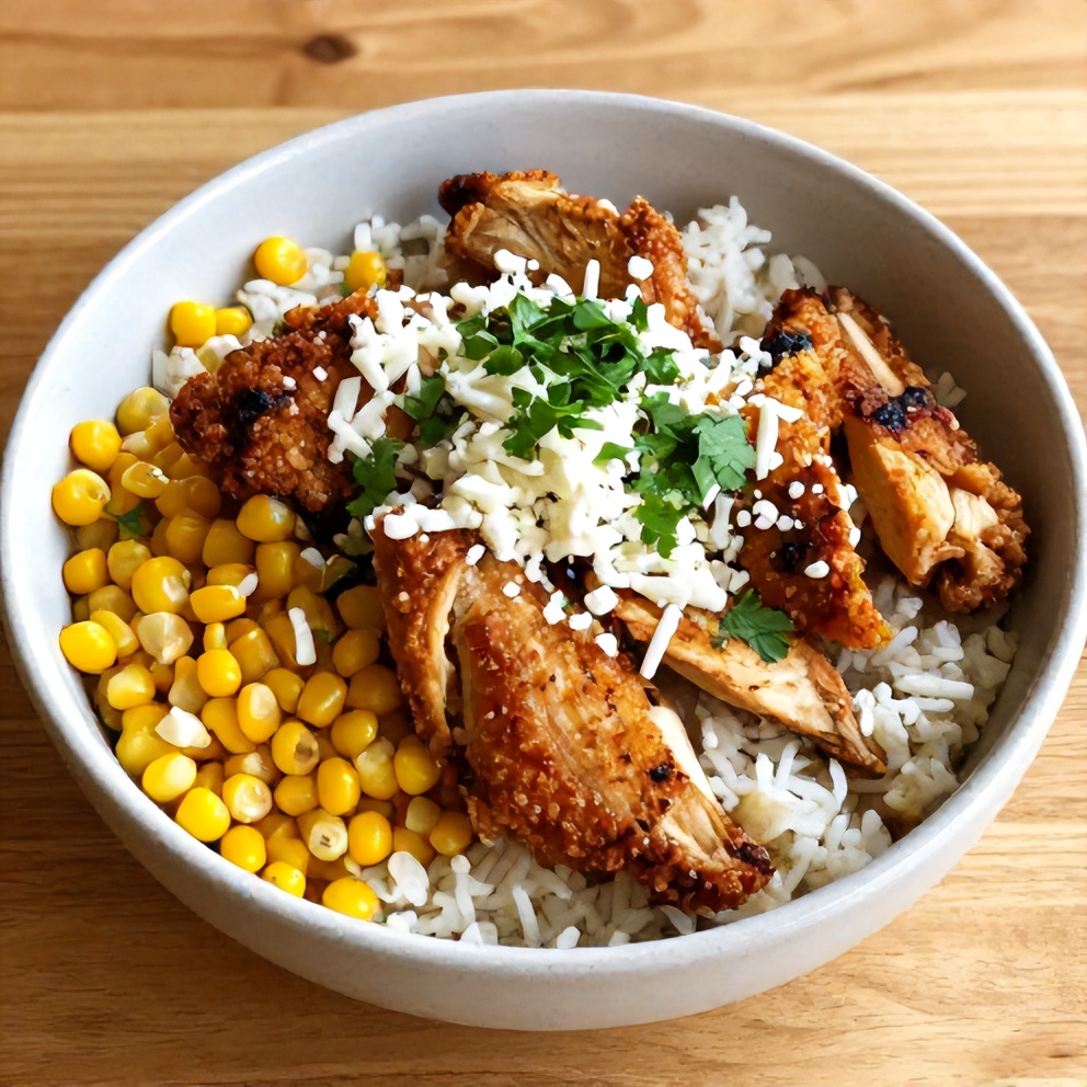 Plated street corn chicken rice bowl with crispy chicken, corn, cotija cheese, and cilantro