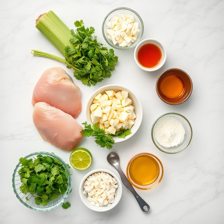 Raw ingredients for street corn chicken rice bowl: chicken breasts, corn, cotija cheese, cilantro, lime, etc.