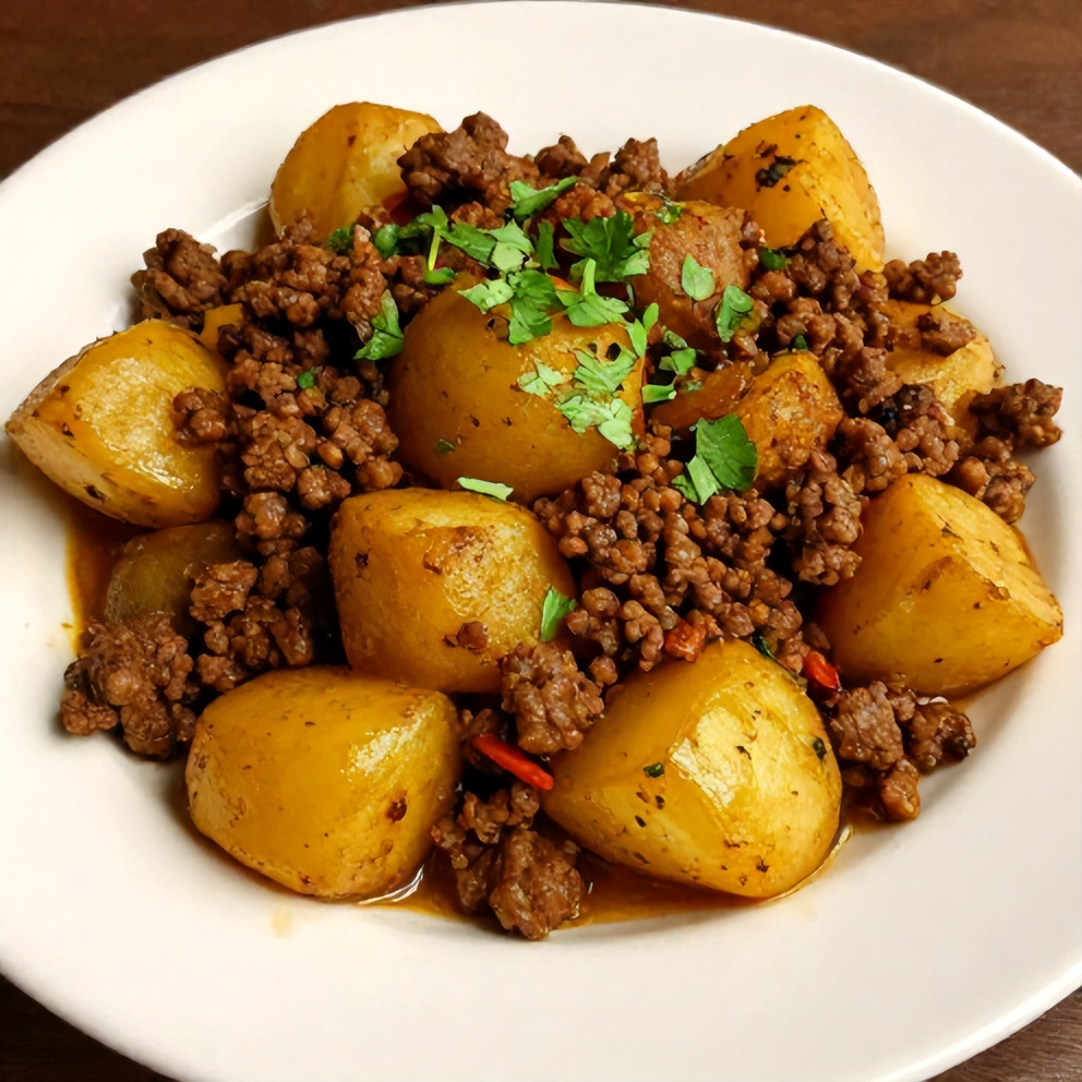 Plated Aloo Keema with garnish