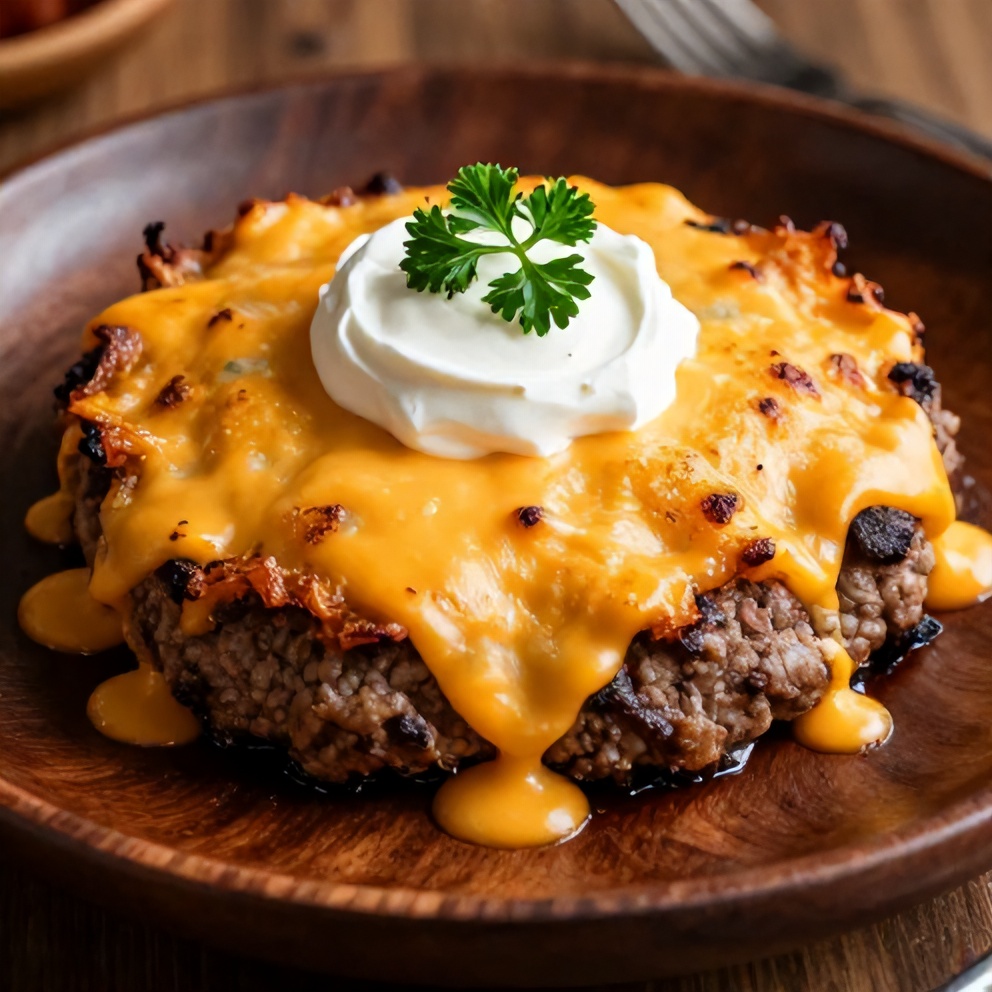 Plated Amish hamburger steak bake with cheddar cheese