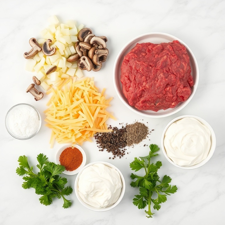 Raw ingredients for Amish hamburger steak bake