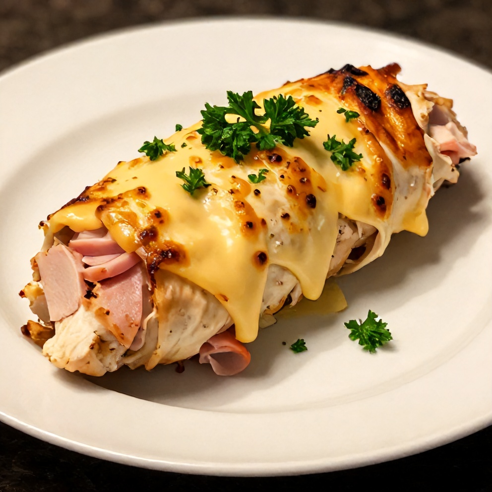 Plated baked chicken roll ups with ham and swiss cheese