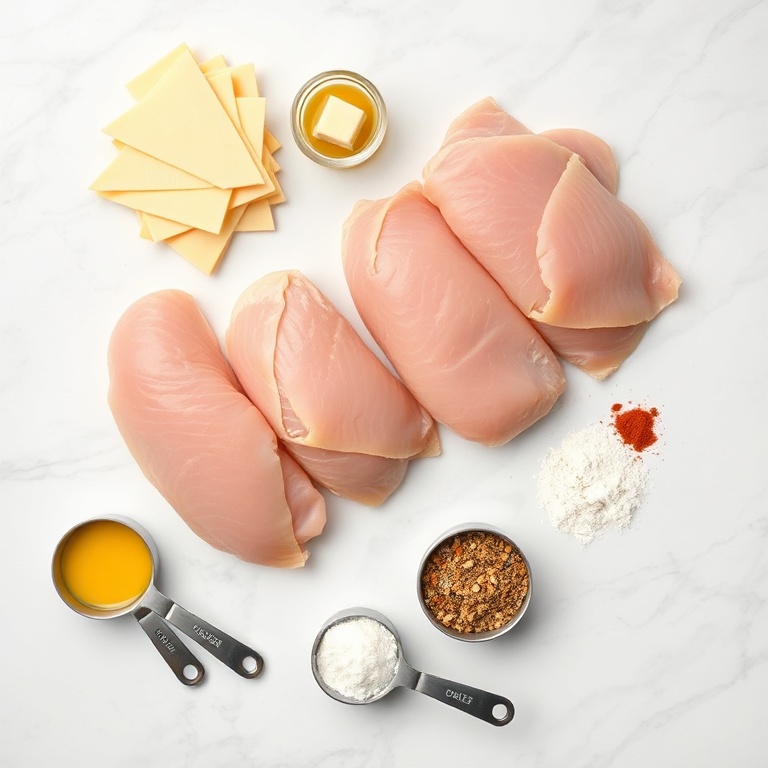 Raw ingredients for baked chicken roll ups with ham and swiss cheese