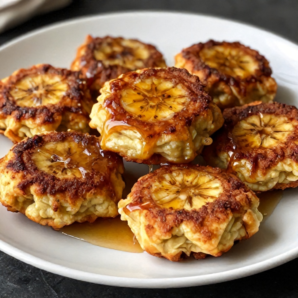Plated baked cinnamon banana fritters with honey drizzle
