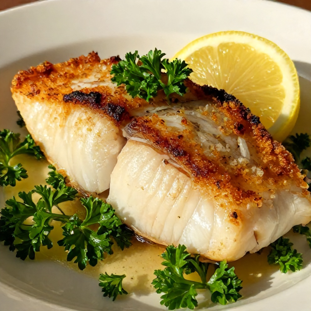 Plated baked halibut with lemon slice and parsley garnish
