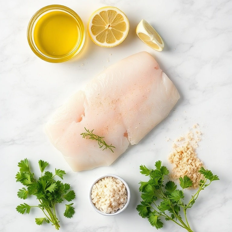 Raw ingredients for baked halibut: halibut fillets, olive oil, lemon, garlic, breadcrumbs, parsley, salt, pepper