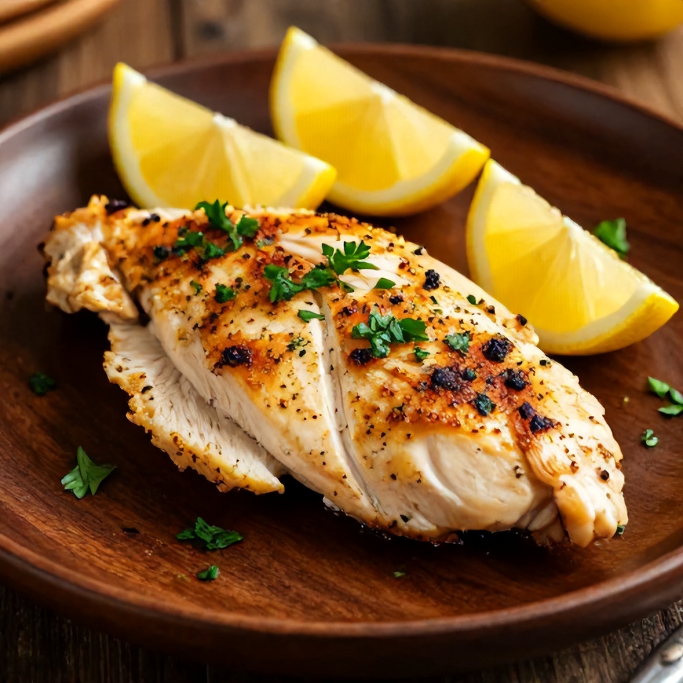 Plated baked lemon pepper chicken breasts