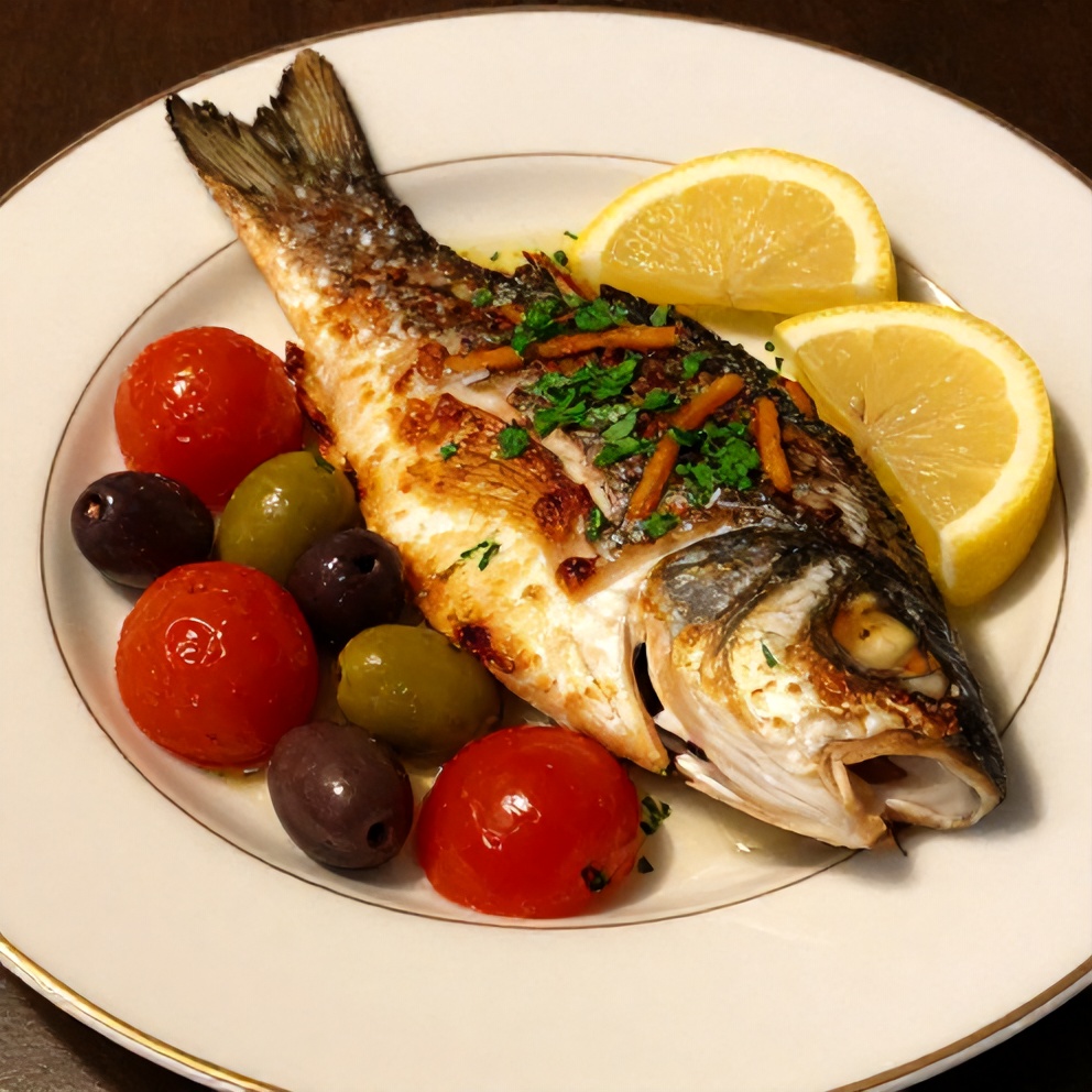 Plated baked sea bass with olives and cherry tomatoes