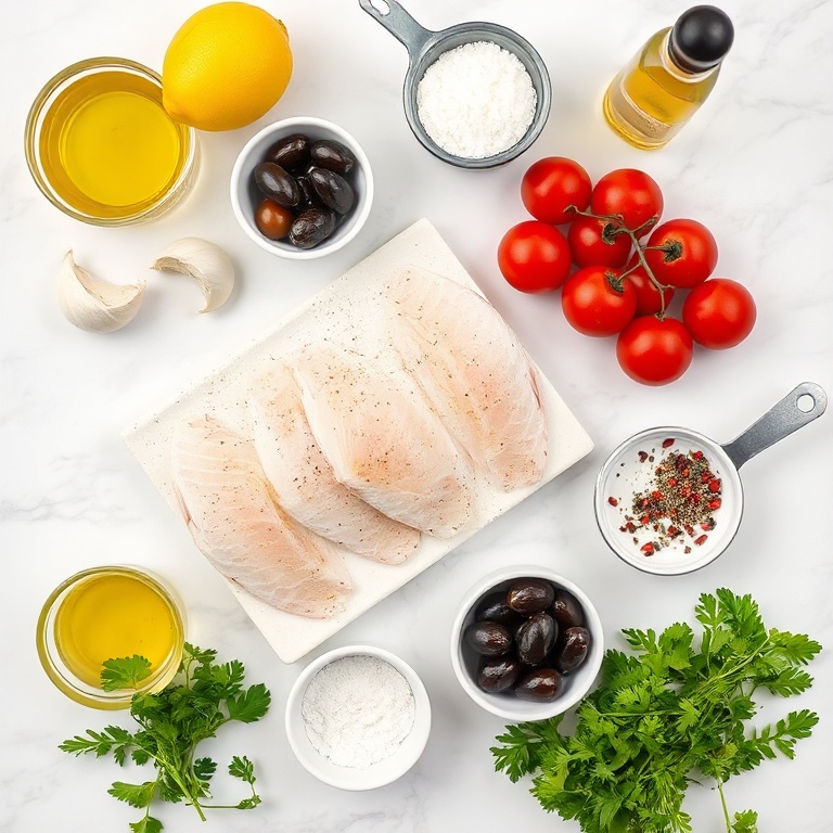 Raw ingredients for baked sea bass with olives and tomatoes