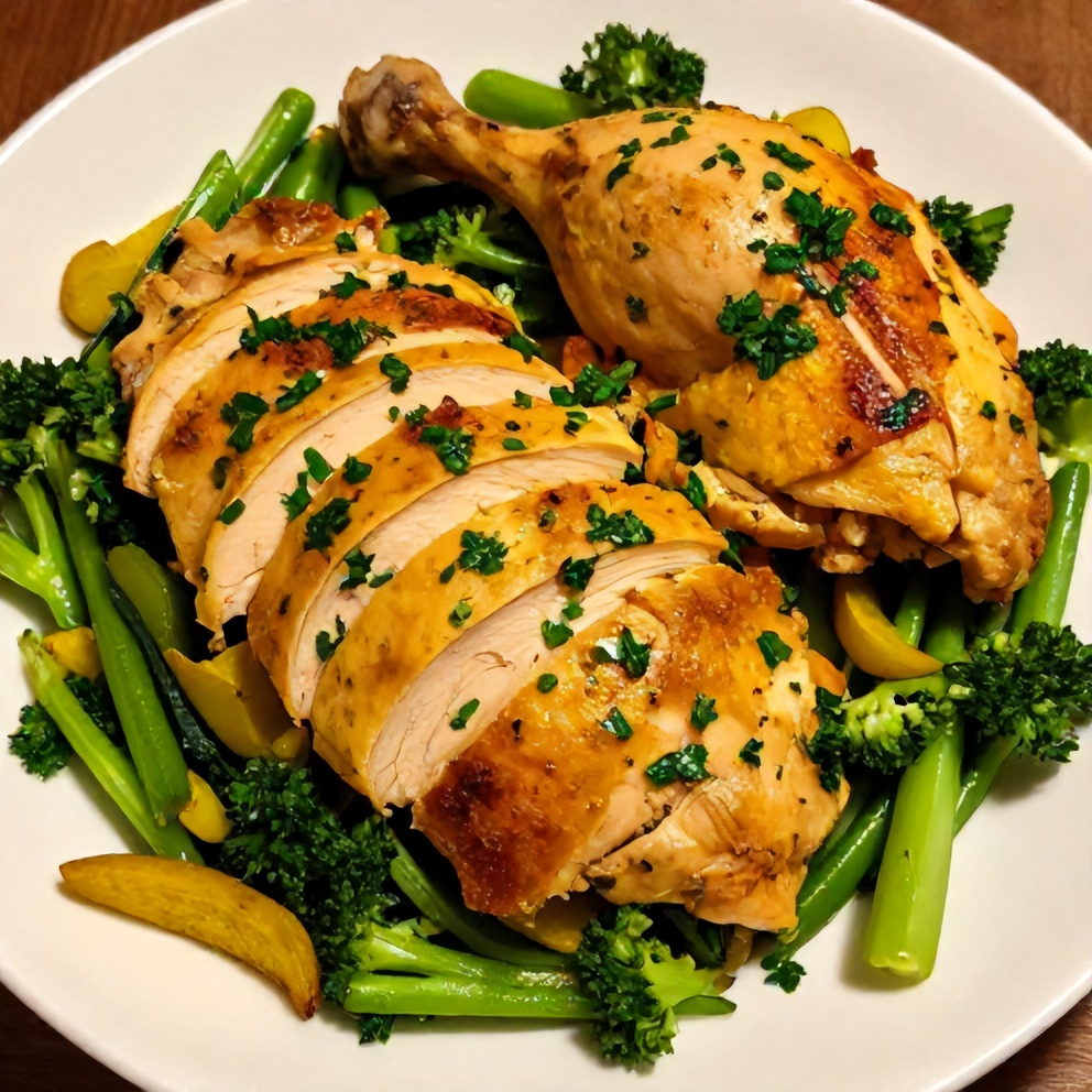 Plated serving of easy baked turmeric chicken with spring vegetables