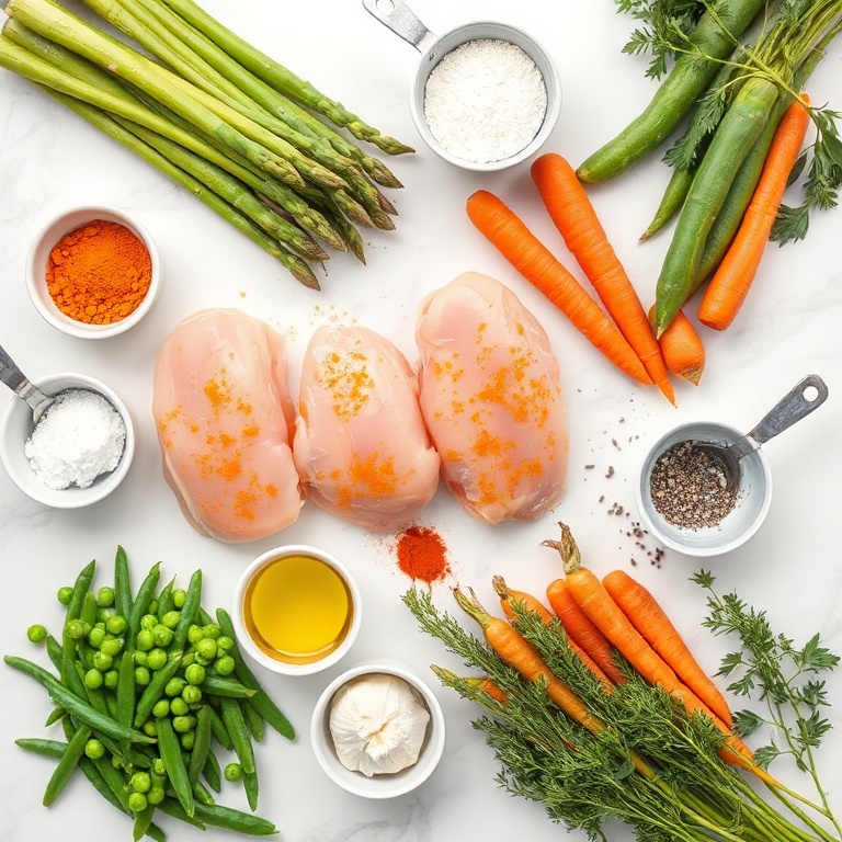 Raw ingredients for easy baked turmeric chicken with spring vegetables