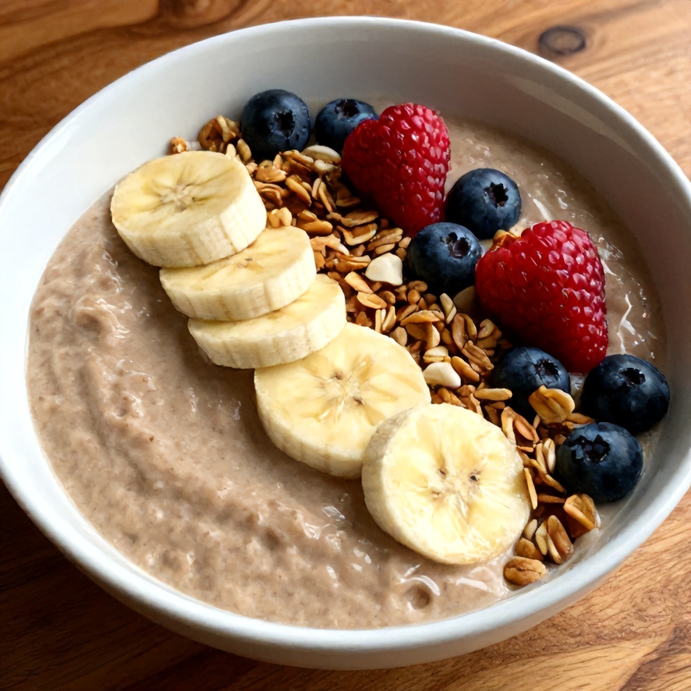 Banana Peanut Butter Oat Smoothie Bowl with Granola and Berries