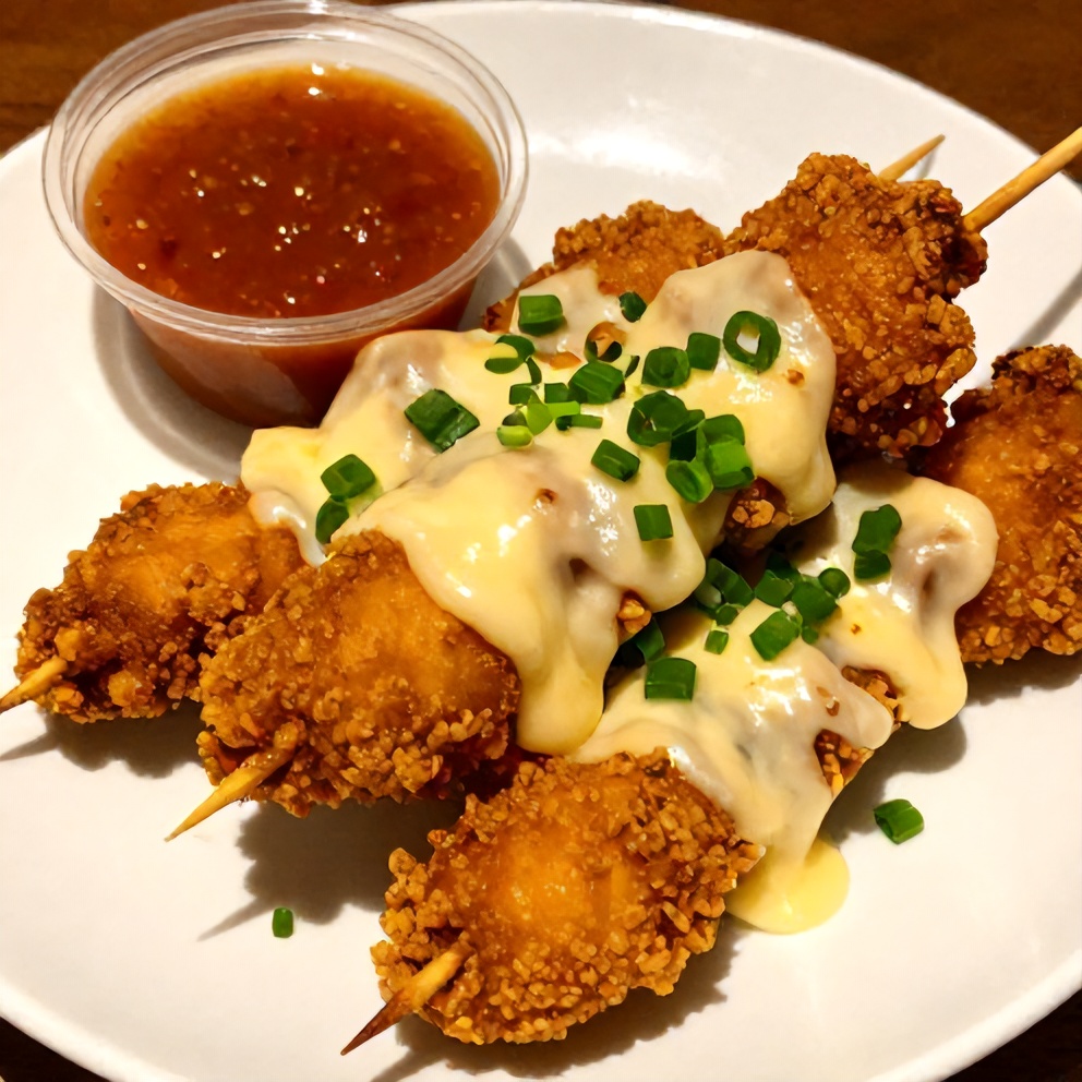 Plated Bang Bang Chicken Skewers with spicy dipping sauce