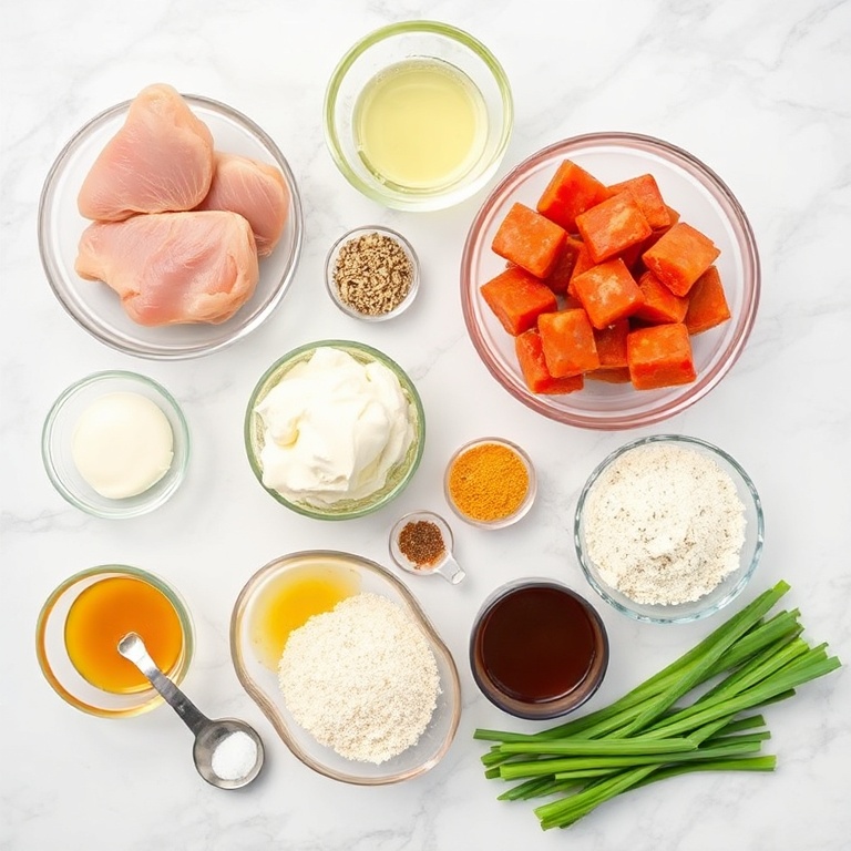 Raw ingredients for Bang Bang Chicken Skewers on a marble surface