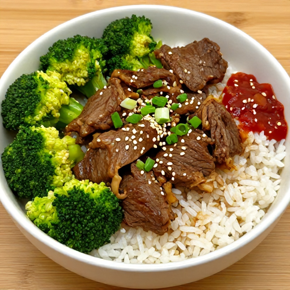 Plated Beef and Broccoli Rice Bowl ready to serve