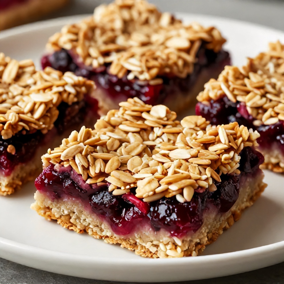 Perfectly baked berry oat bars with raspberry preserves, ready to serve
