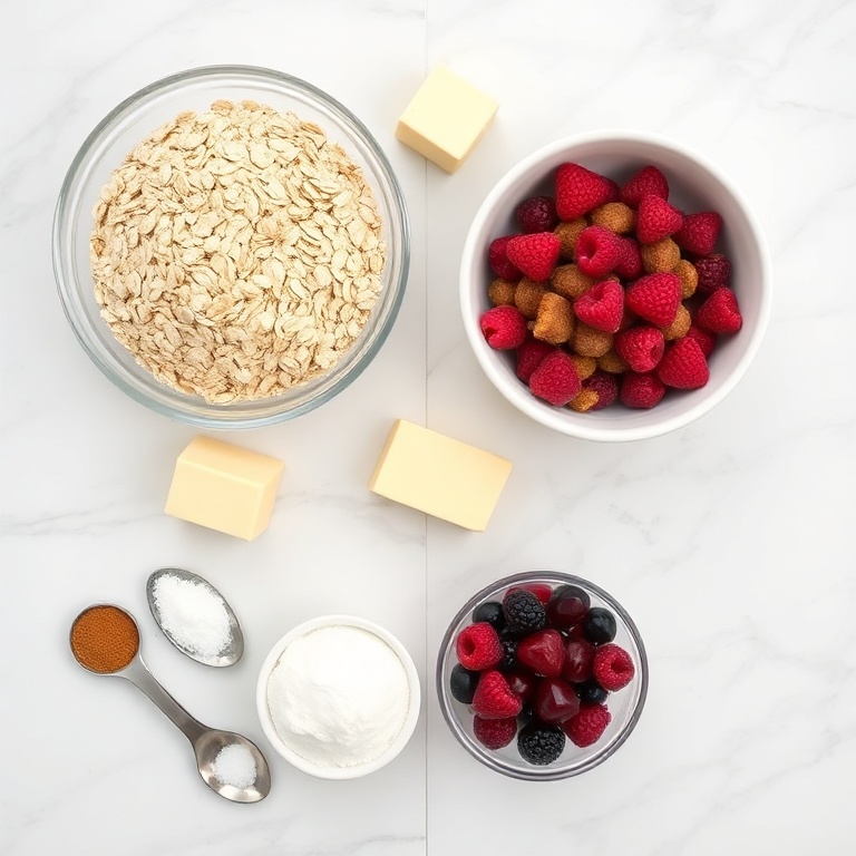 Raw ingredients for berry oat bars: oats, flour, butter, sugar, berries, preserves