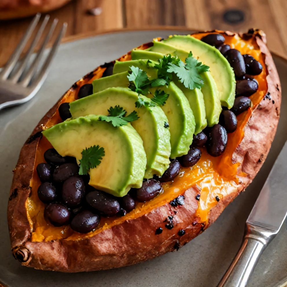 Plated black bean stuffed sweet potatoes with avocado and cilantro