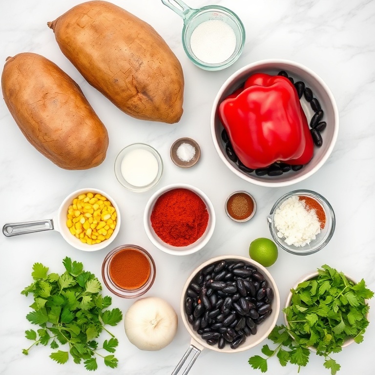 Raw ingredients for black bean stuffed sweet potatoes on a white marble counter