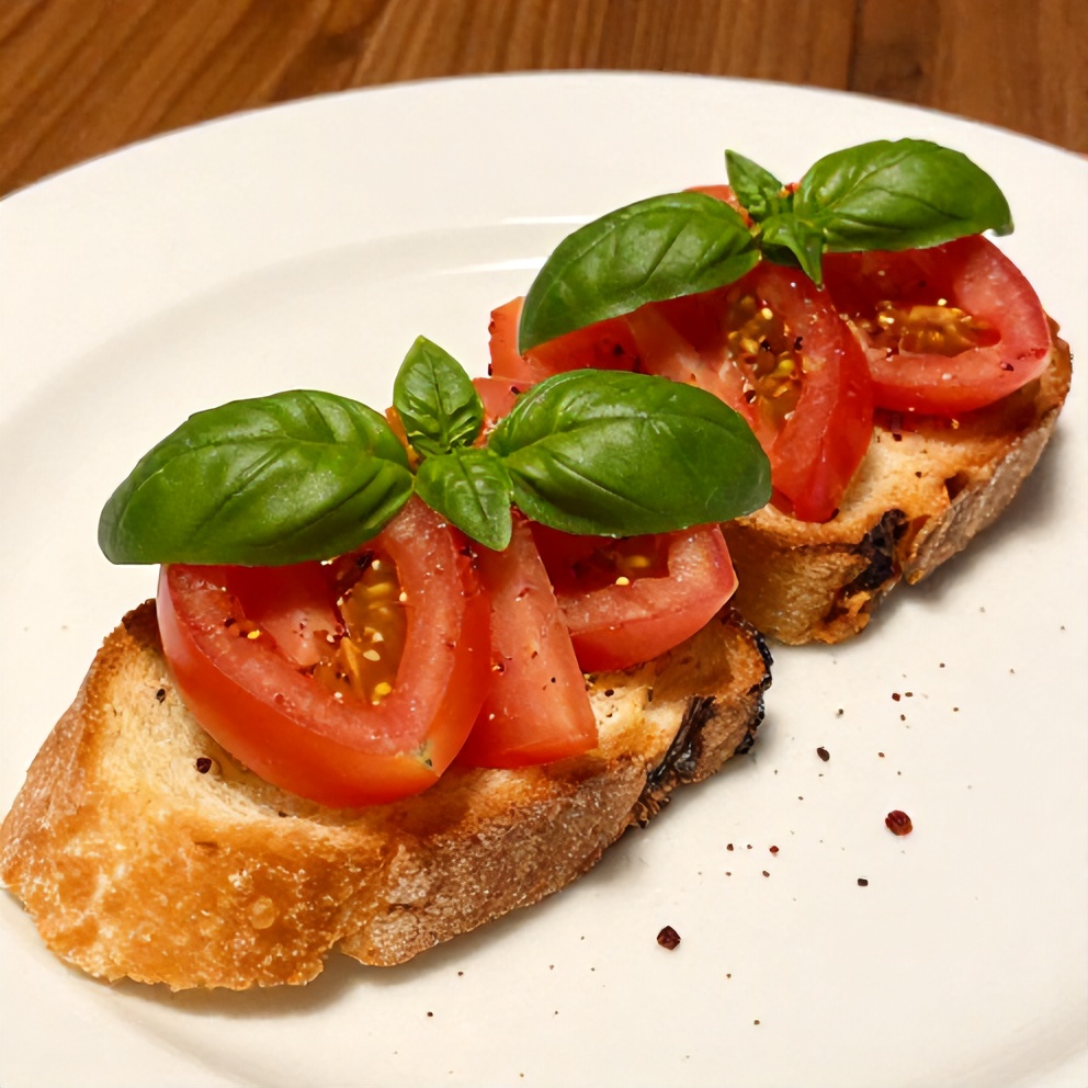 Plated easy bruschetta with heirloom tomatoes and fresh basil