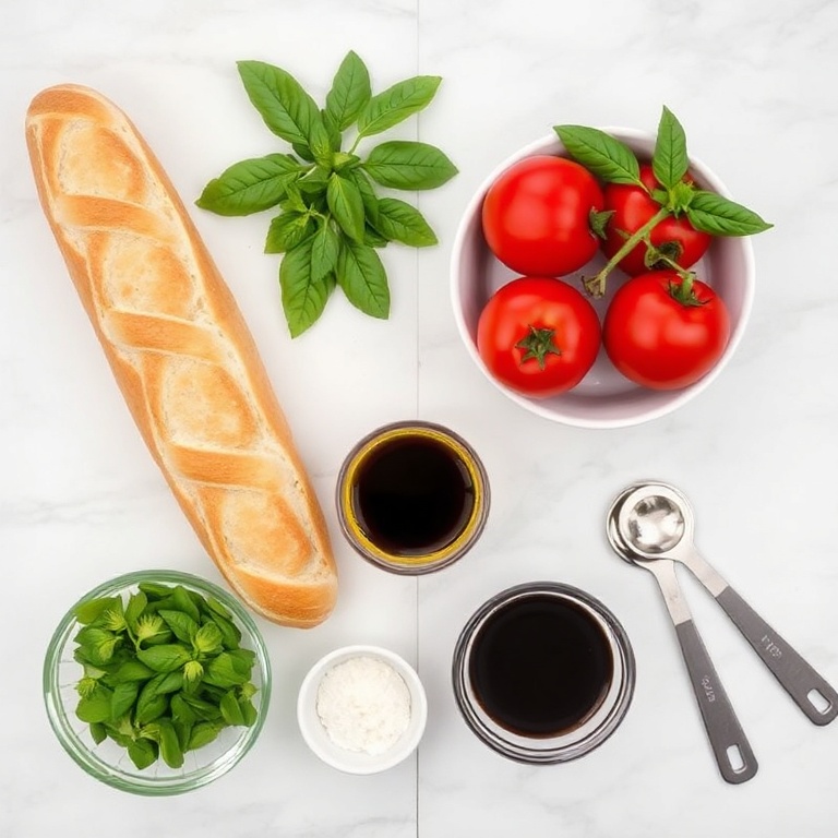 Raw ingredients for easy bruschetta on a white marble surface