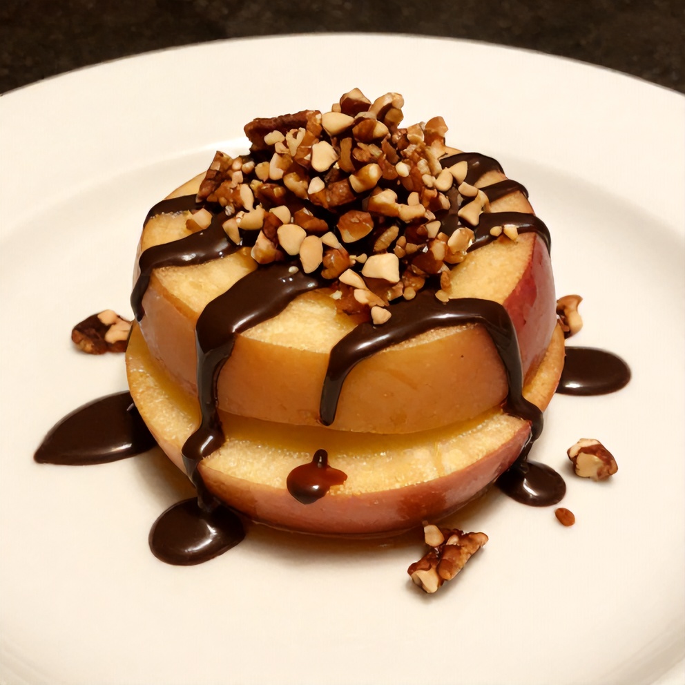 Caramel apple slices with chocolate drizzle and pecan garnish on a white plate