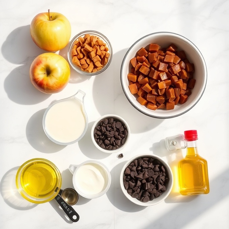 Raw ingredients for caramel apple slices including apples, caramel, chocolate chips, and pecans