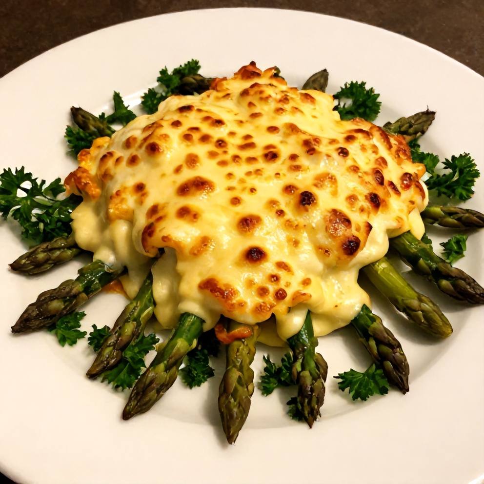 Plated serving of cheesy asparagus casserole on a white plate
